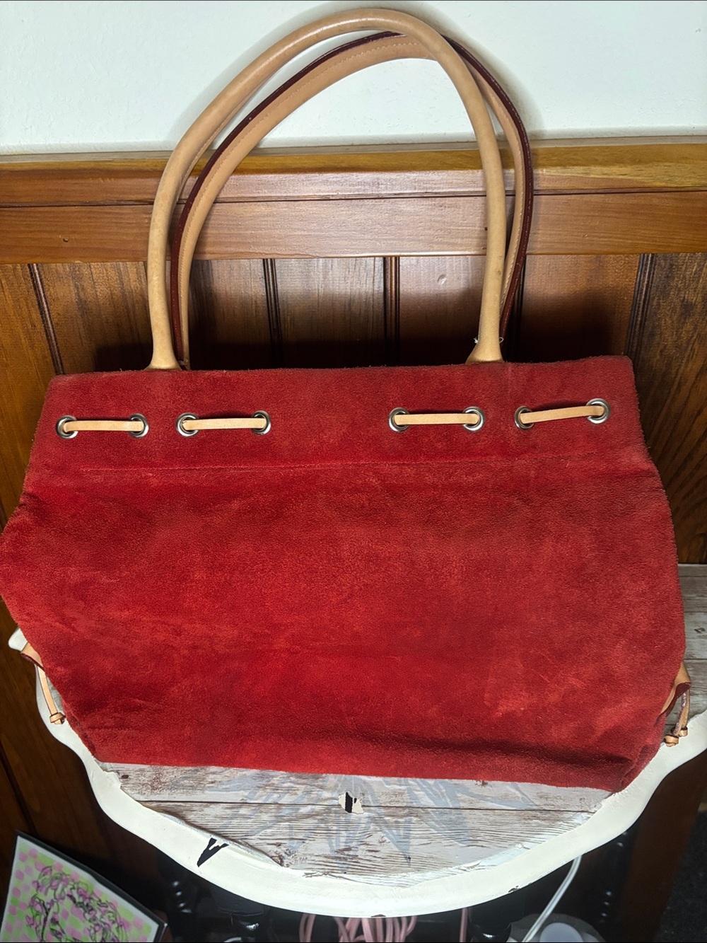 Dooney & Bourke Red Suede Tote with Tan Handles - Picture 4 of 16